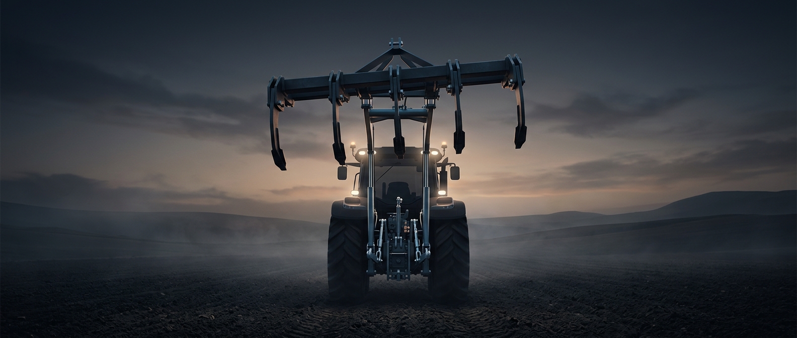 A tractor’s three-point hitch lifts attached equipment off the ground to clear obstacles