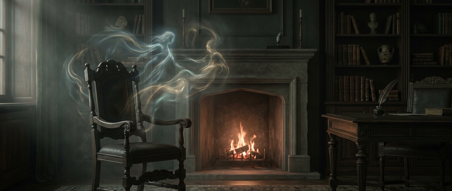 Empty chairs by fireplaces invite ancestors