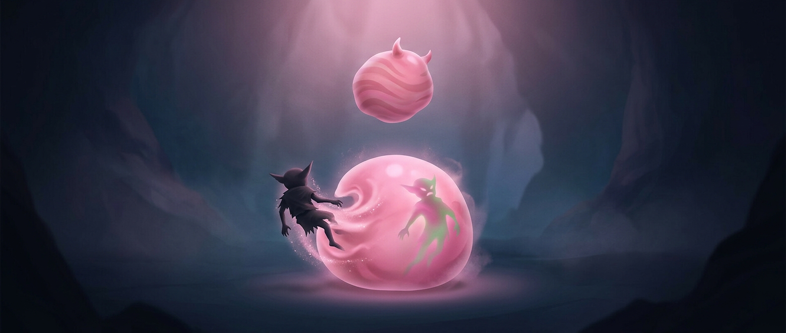Pink spherical blobs consume foes to steal identities