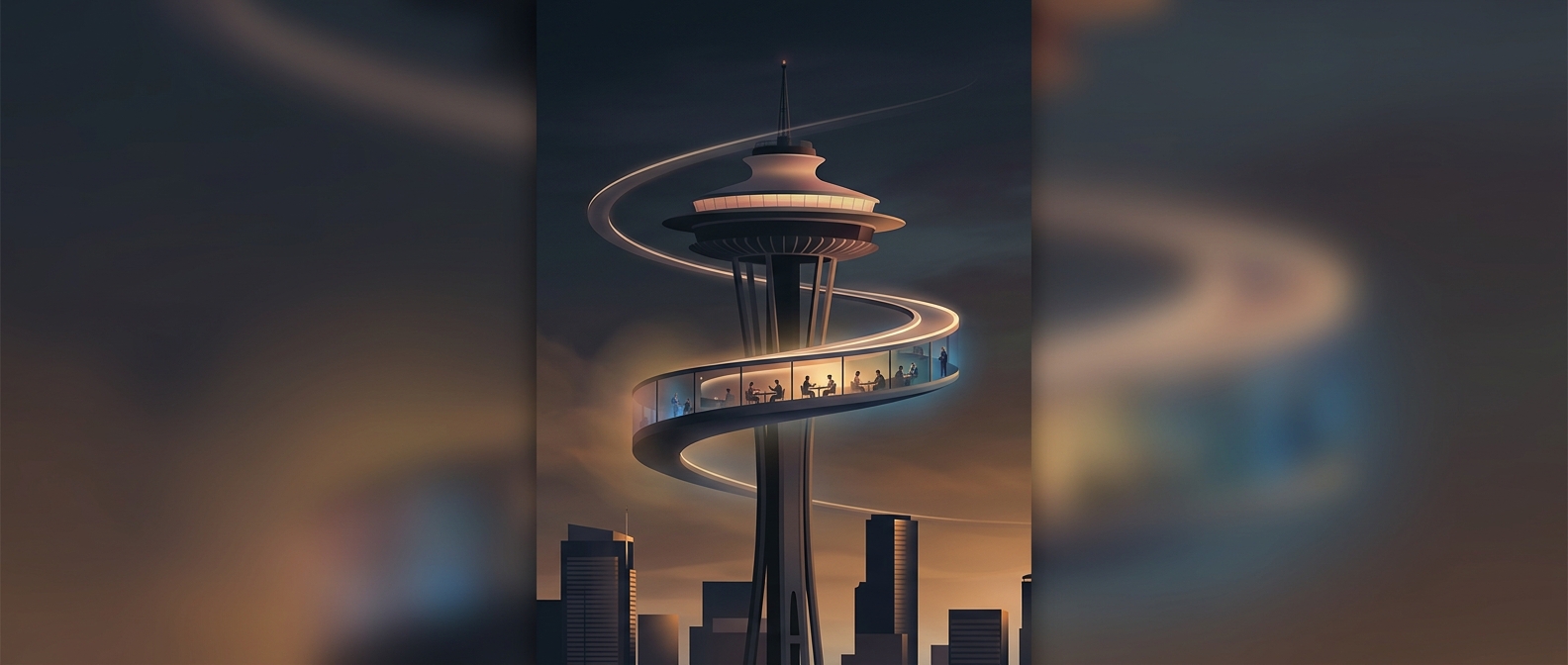 Space Needle оснащена рестораном, который вращается по треку