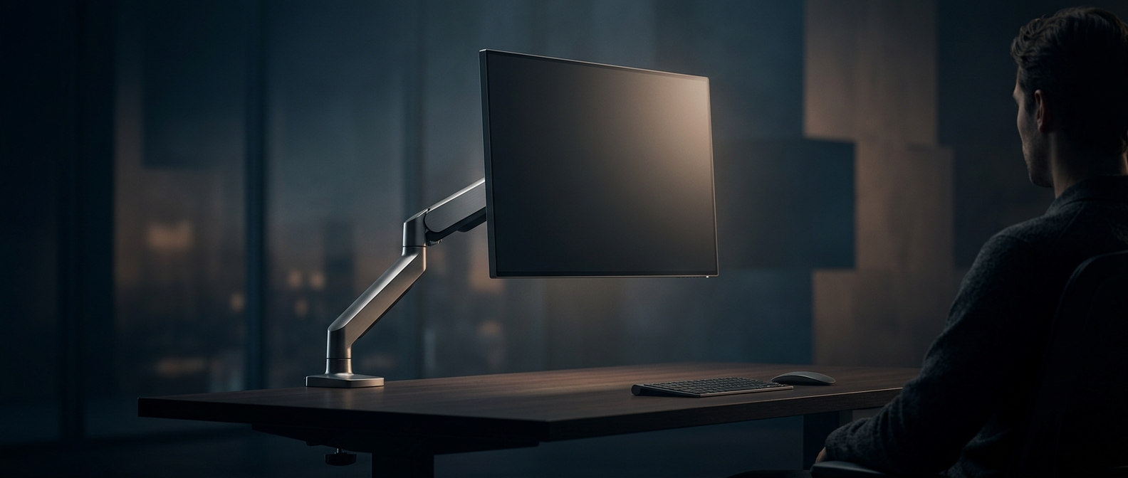 Monitor arms free up desk space by clamping to the edge
