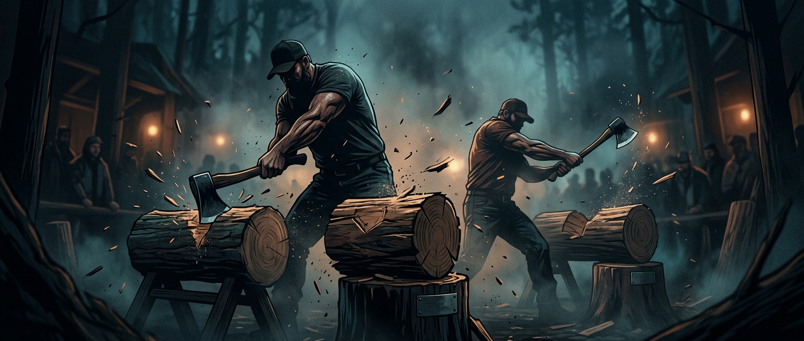 Competitive wood chopping is an official lumberjack sport where large burly men swing heavy sharp axes