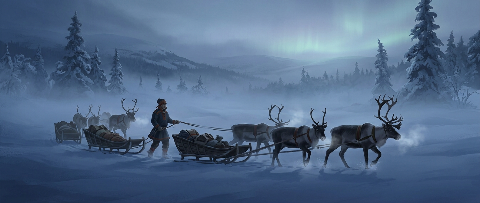 Reindeer pull heavy sledges across the arctic tundra