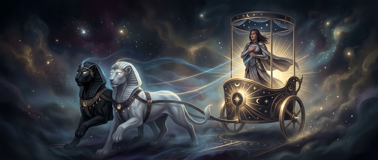 Chariot Tarot driver steers without holding any reins