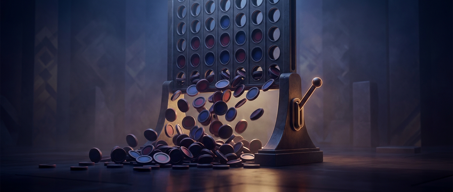 Рычаги сброса в игре 'Connect Four' мгновенно высыпают все жетоны