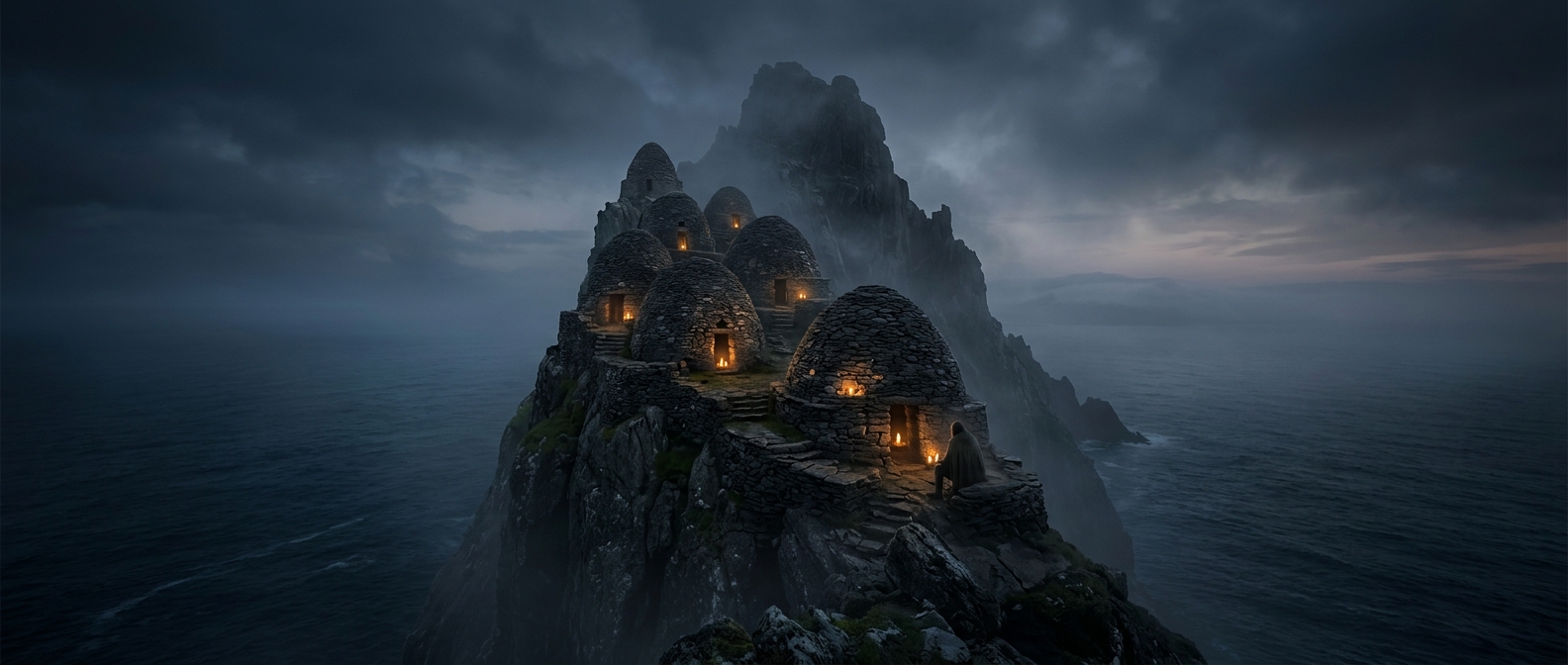 Skellig Michael features ancient stone dome huts