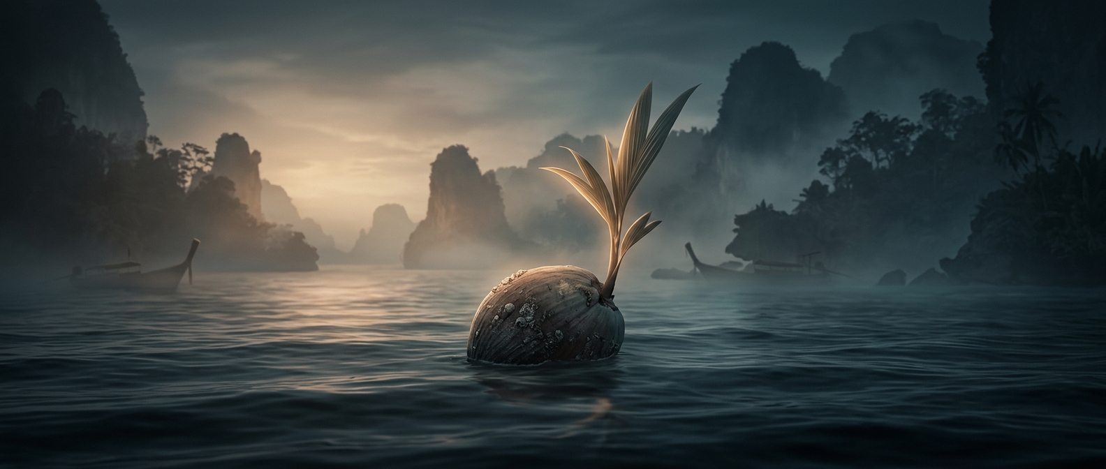 Coconuts drifted across Southeast Asian coastlines
