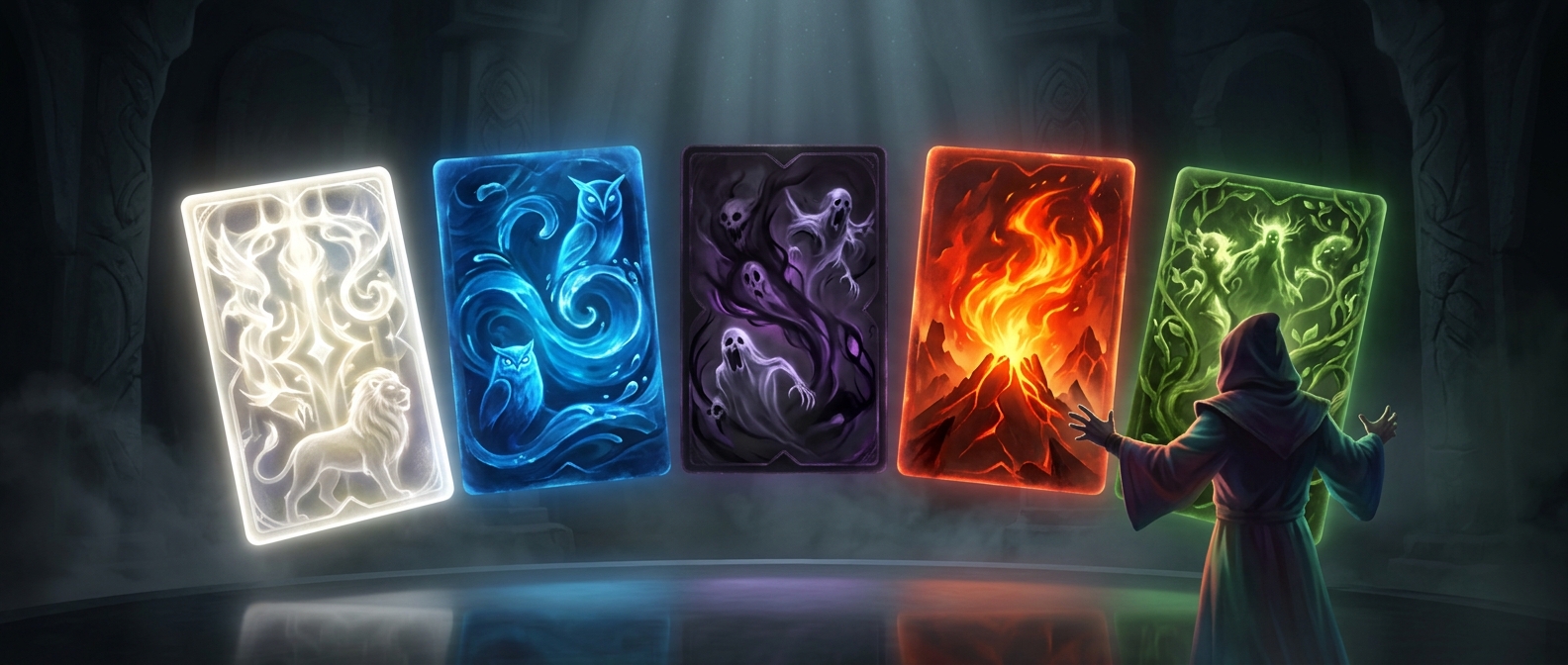 Magic cards strictly divide wizard spells into five colors