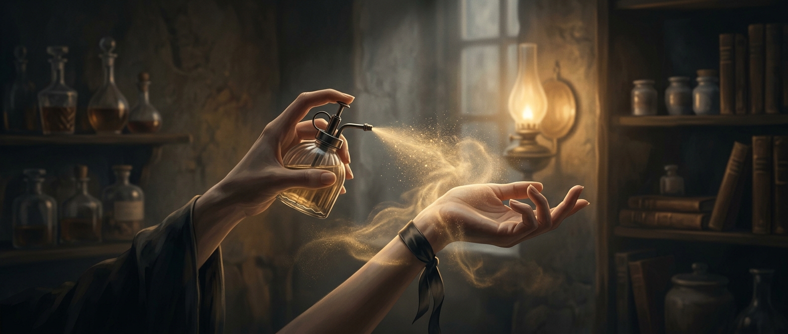 Spraying bottled smelly water on wrists