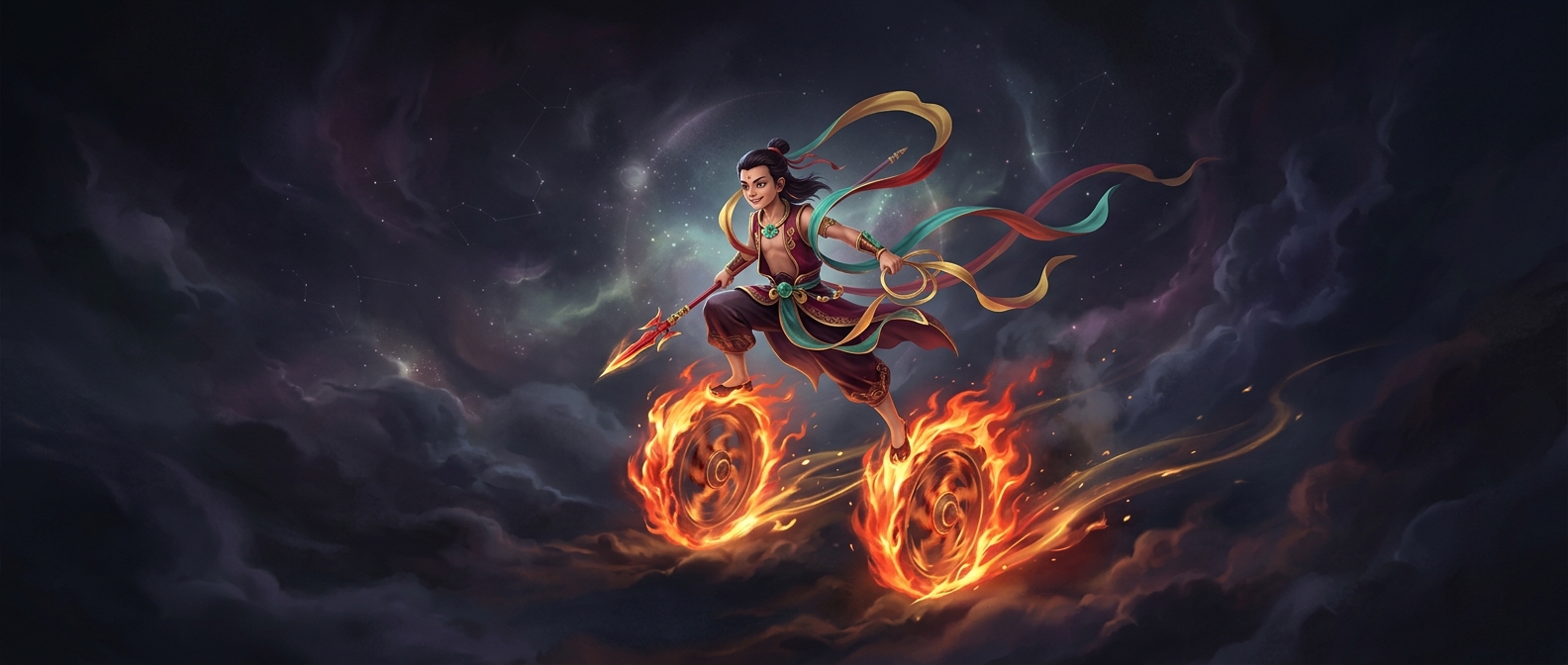 Nezha confidently rides around on flaming wheels