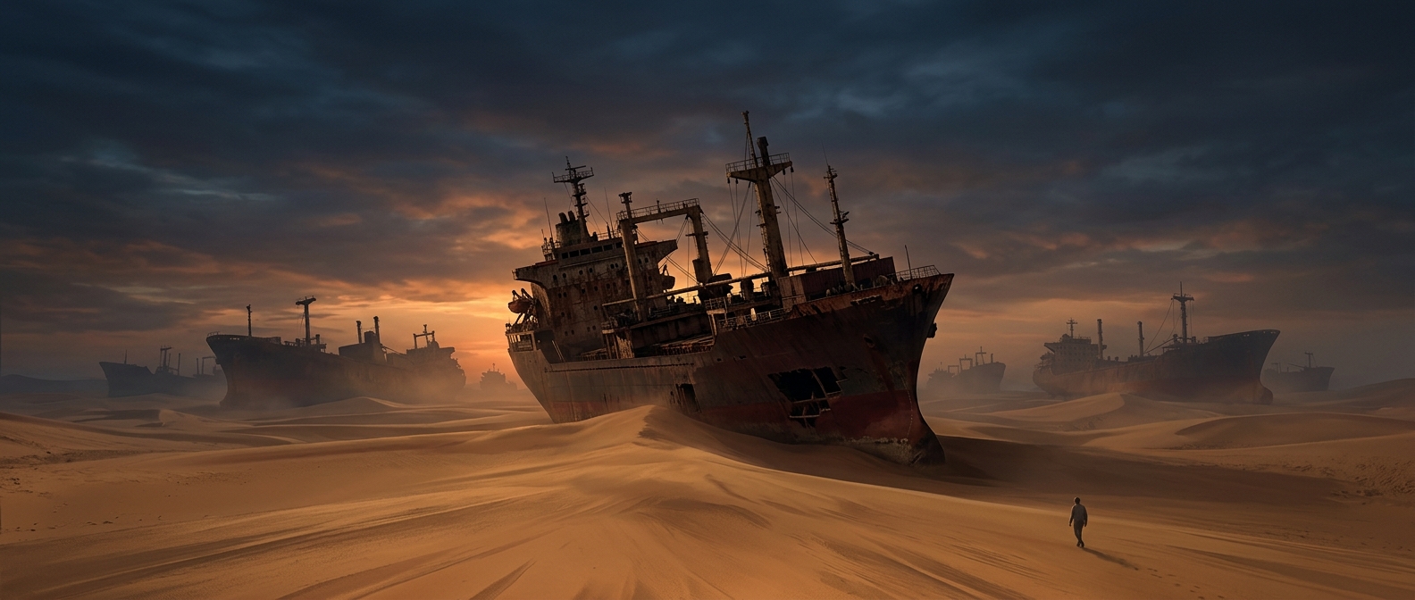 Fishing boats stranded in the Aral Sea desert