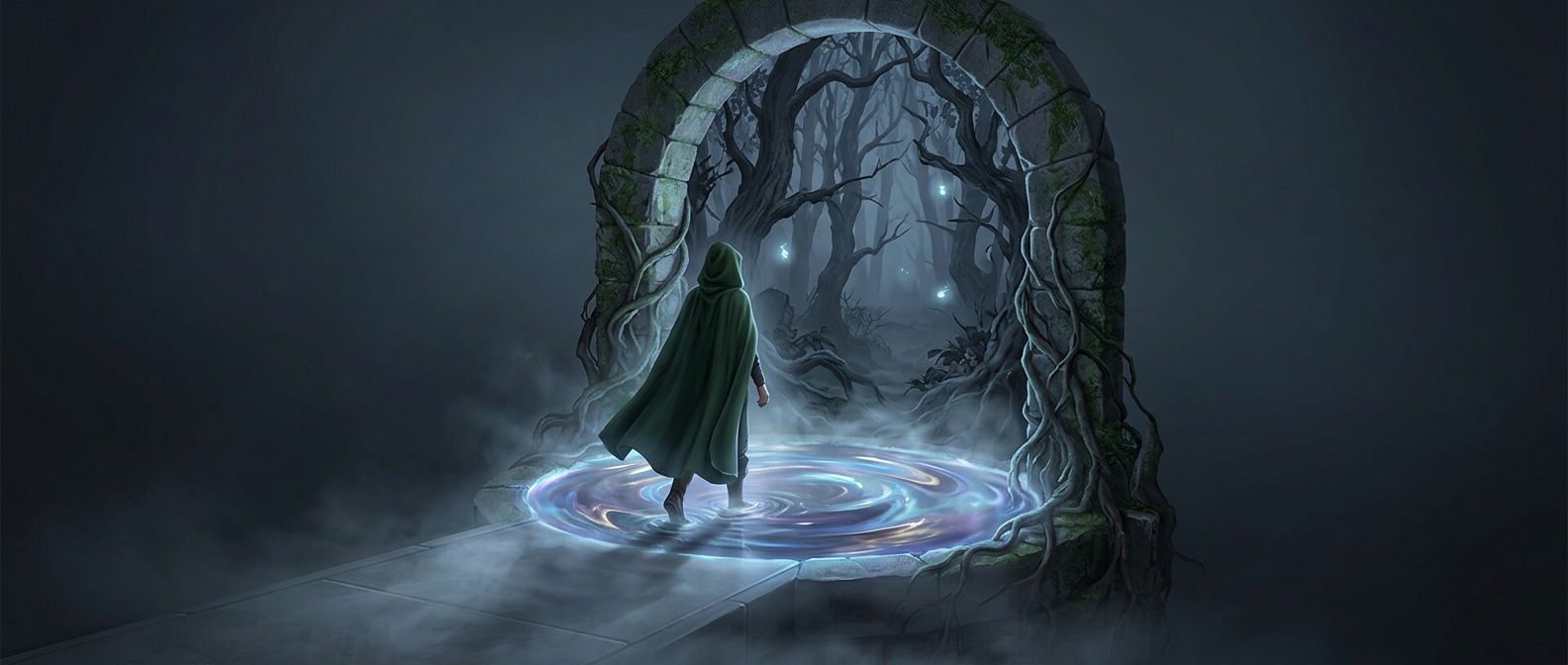 Shimmering ponds transport users to cursed woods