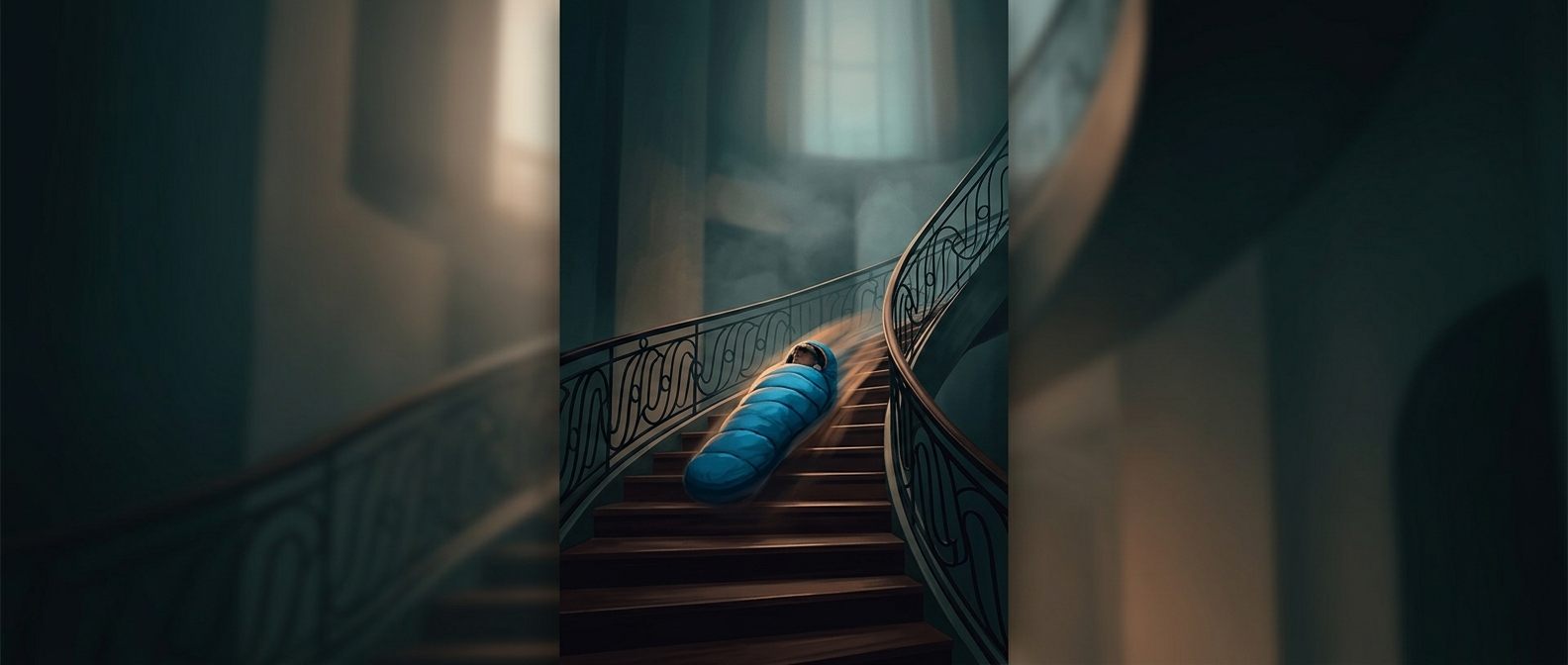Sliding down stairs in a sleeping bag