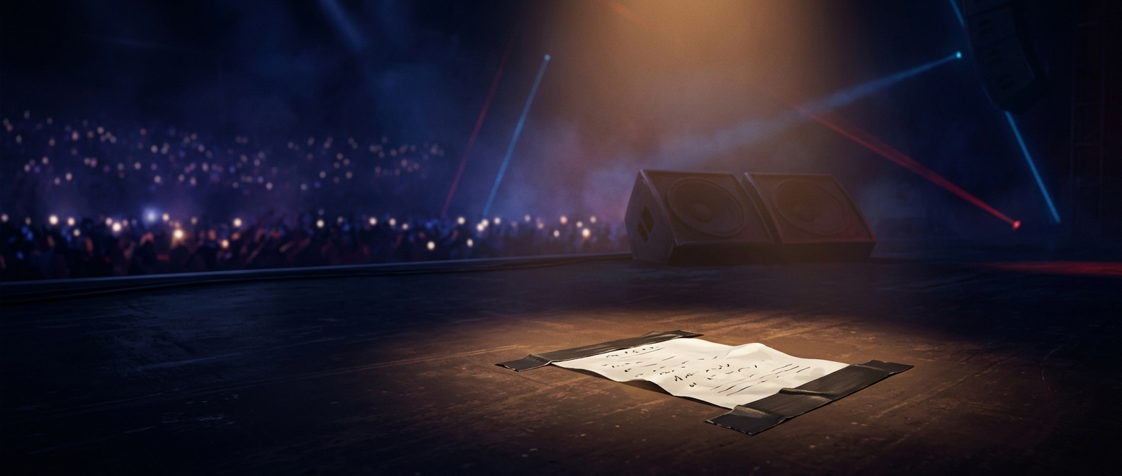 Concert setlists are securely taped to the stage floor