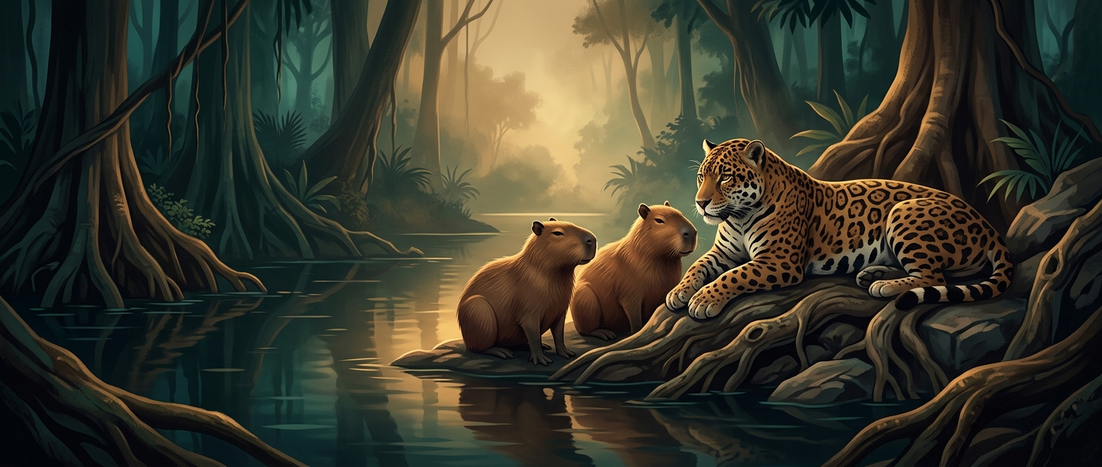 Capybaras lounge beside caimans and jaguars