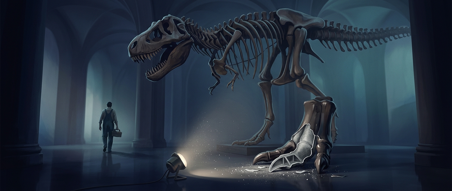 The dinosaur skeleton in a museum may be a replica