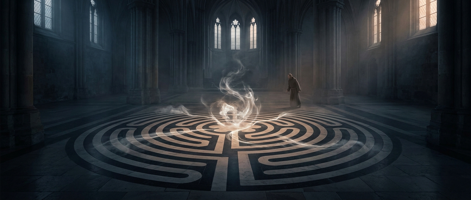Labyrinths on cathedral floors trapped wandering forces