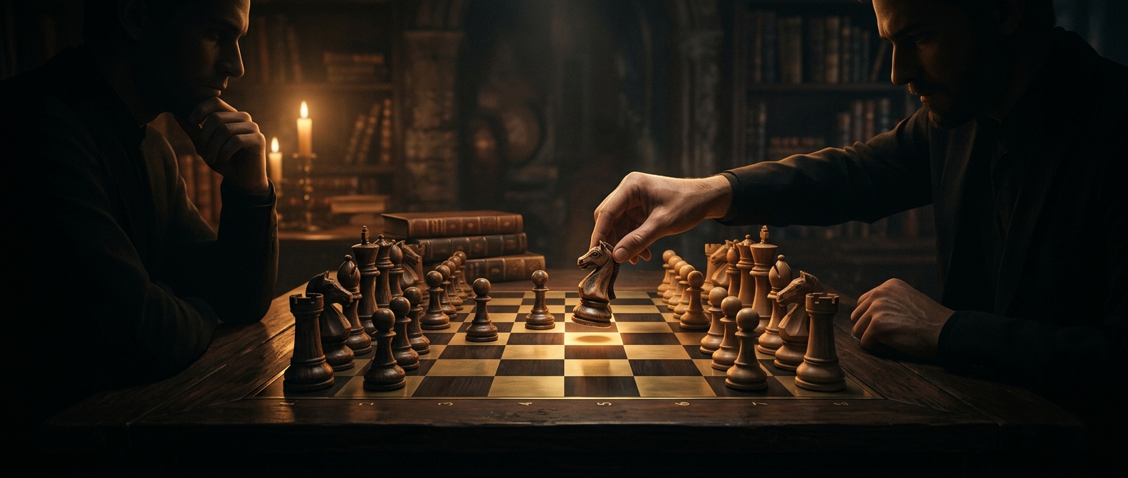 Pushing intricately carved wooden figures across a checkered board of pure strategy