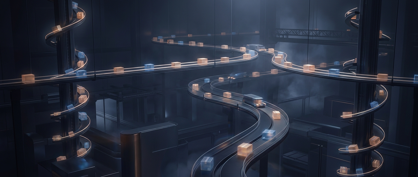 Postal sorting centers utilize complex overhead track systems