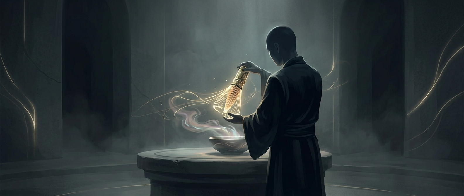 Carrying a specialized whisk for ceremonies