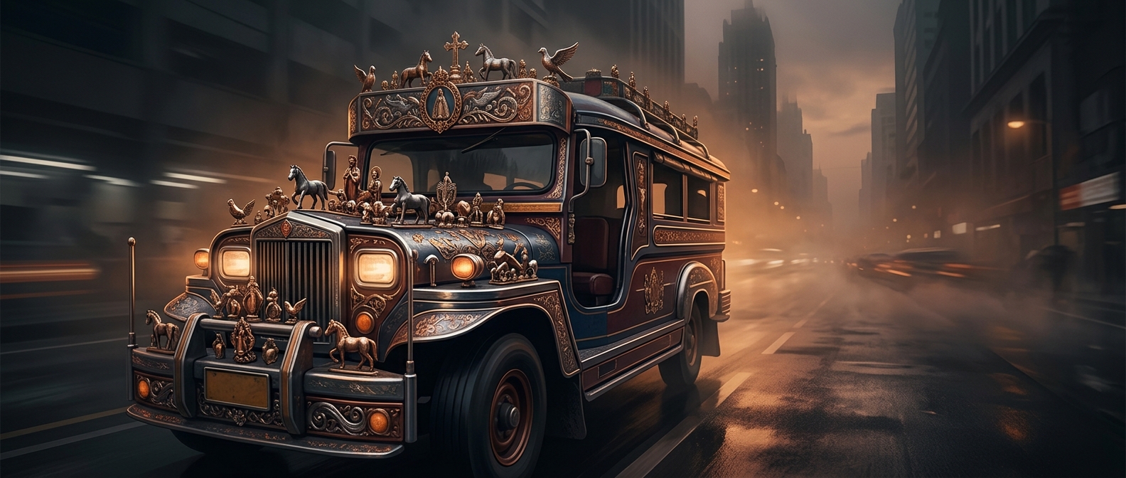 Filipino jeepneys often wear tiny metal statues, mirrors and ornaments on their hoods