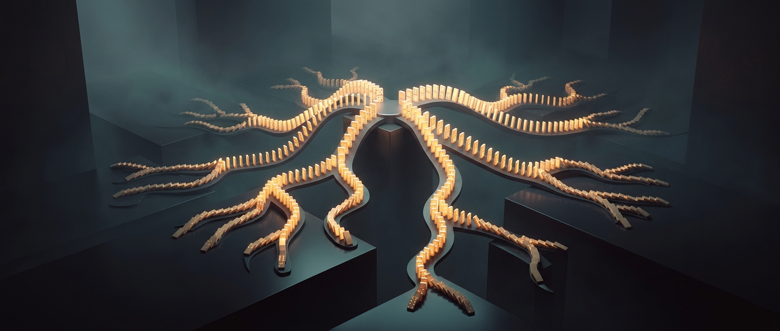 Domino trains sprout branching lines from a central hub
