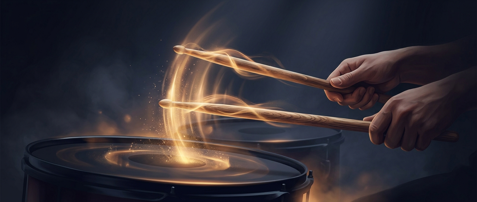 Drummers use wooden sticks to strike their percussive kits
