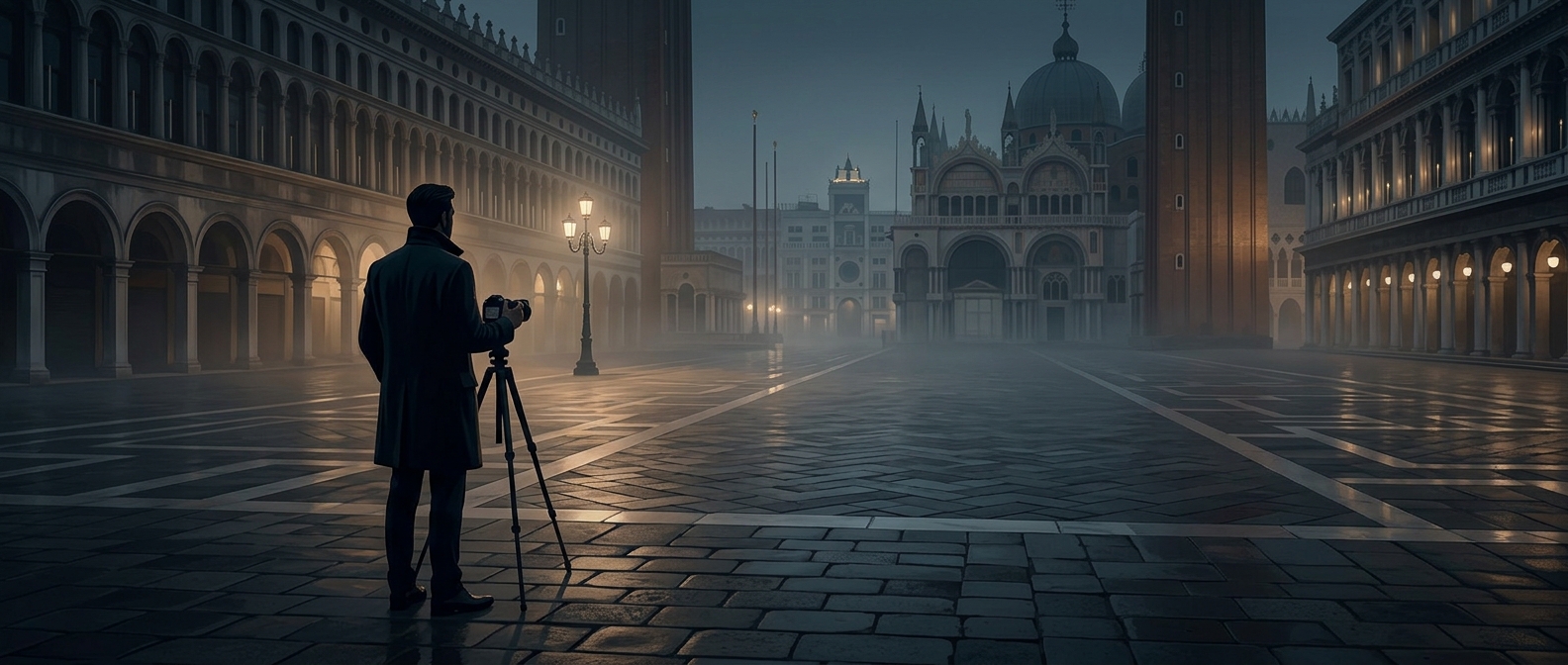 Professional photographers wait for empty plazas