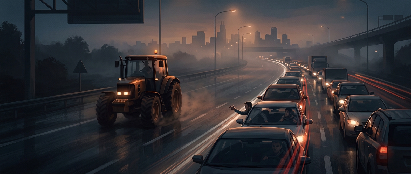 Driving a slow tractor on a highway infuriates other drivers