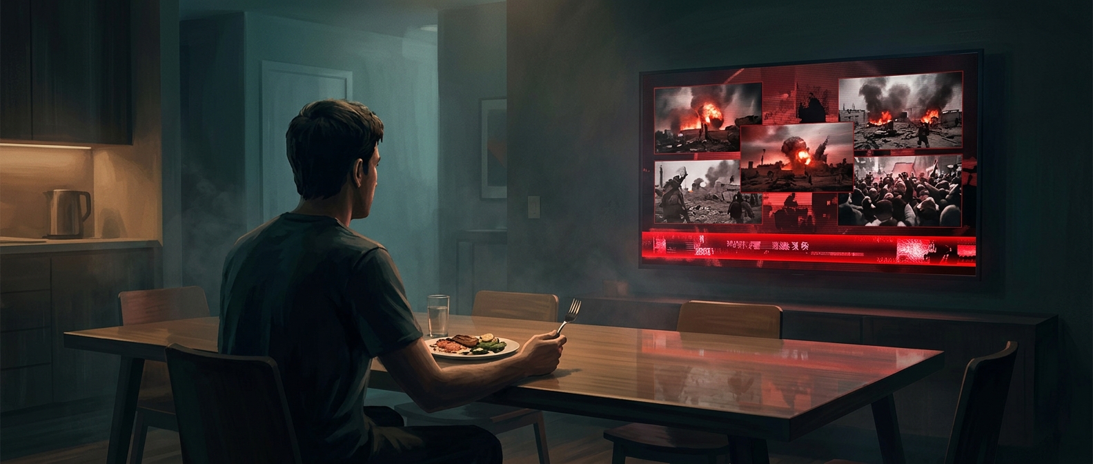 Reading terrifying breaking news headlines crawling across the bottom of the screen while eating dinner