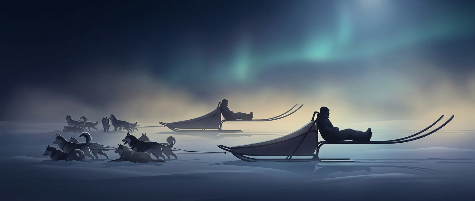 Sled dog mushers lazily stand on extended rear runners