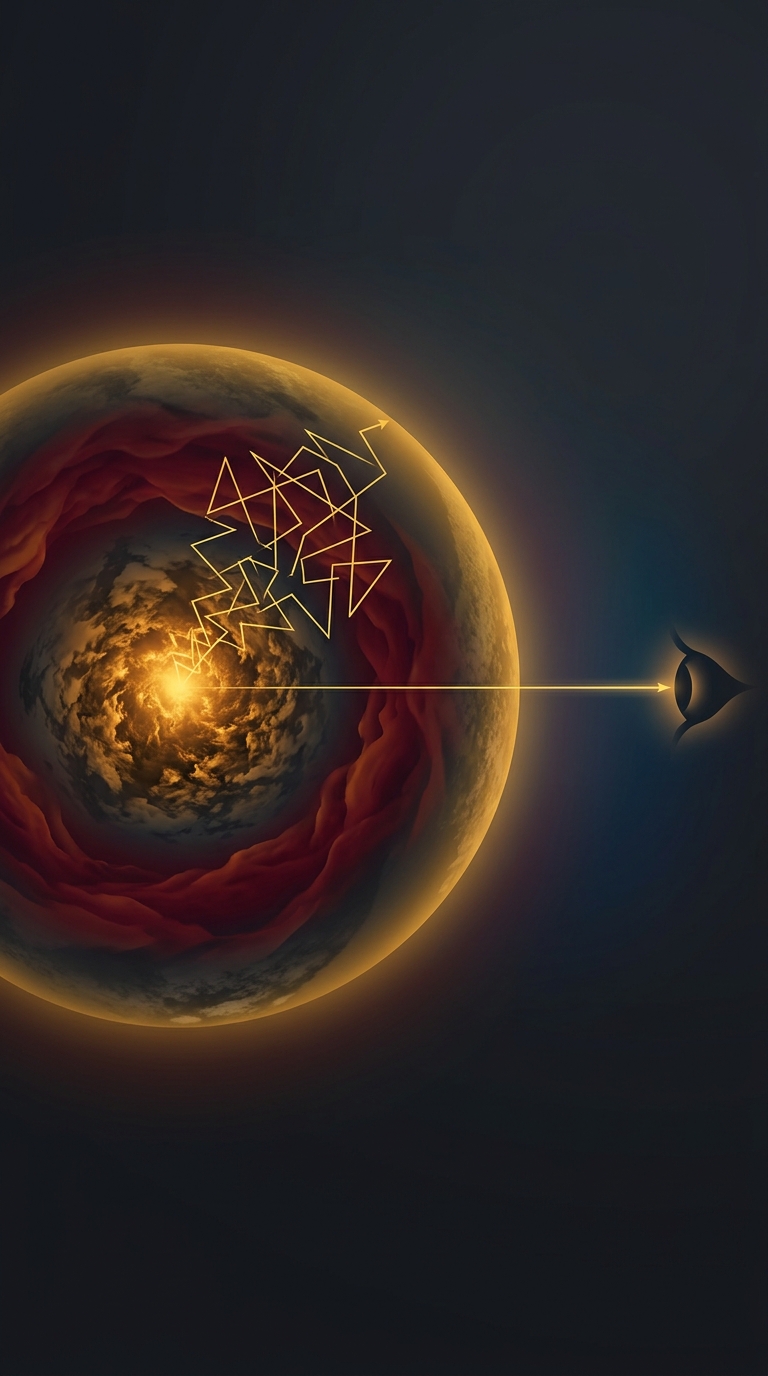 Photons created in the immensely dense, fusion-powered core of the sun can take upwards of one hundred thousand years to aggressively bounce their way up to the star's surface.