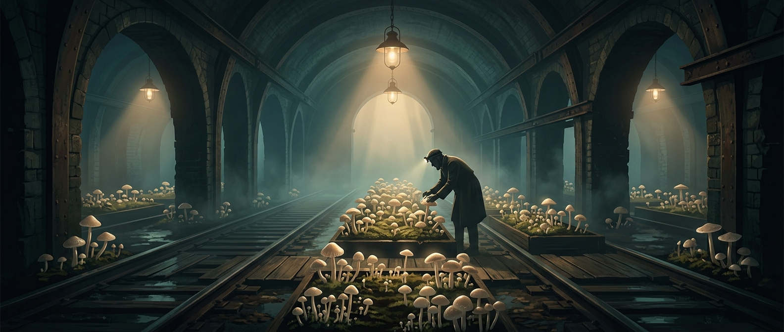 Mushrooms were grown in dark abandoned underground tunnels