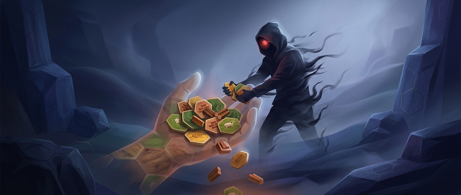 In Catan, rolling a seven makes players with more than seven cards discard half