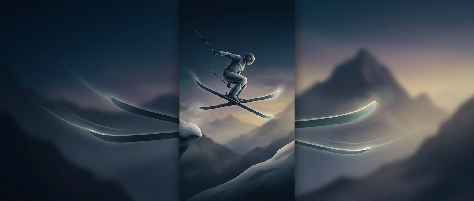 Twin-tip skis curve upwards at both the front and back