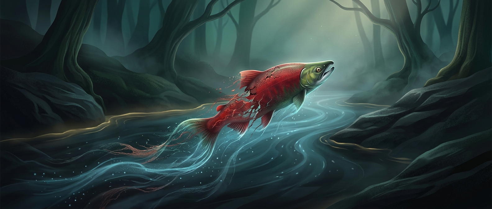 Salmon swim upstream as their bodies break down