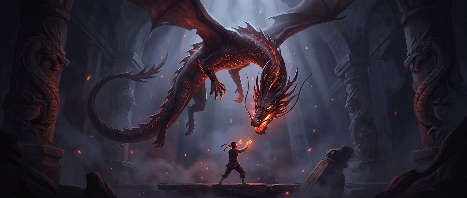 Liu Kang transforms into a giant dragon to eat opponents