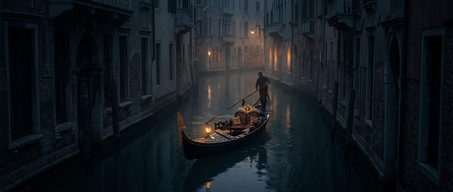 Drifting lazily through winding venetian canals on a highly decorated wooden gondola