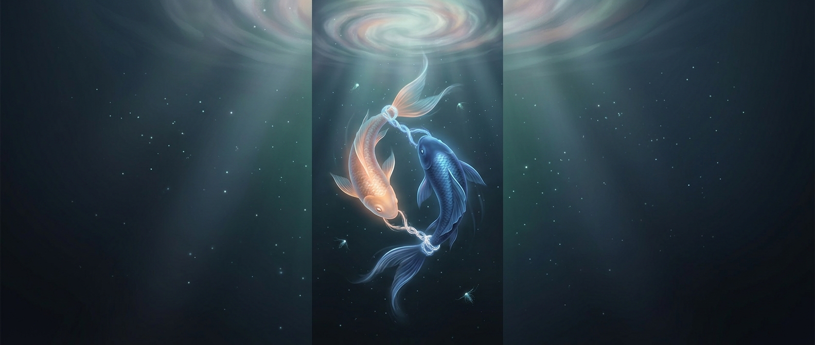 Pisces represents two fish tied together with a rope so the gods Aphrodite and Eros would not get lost