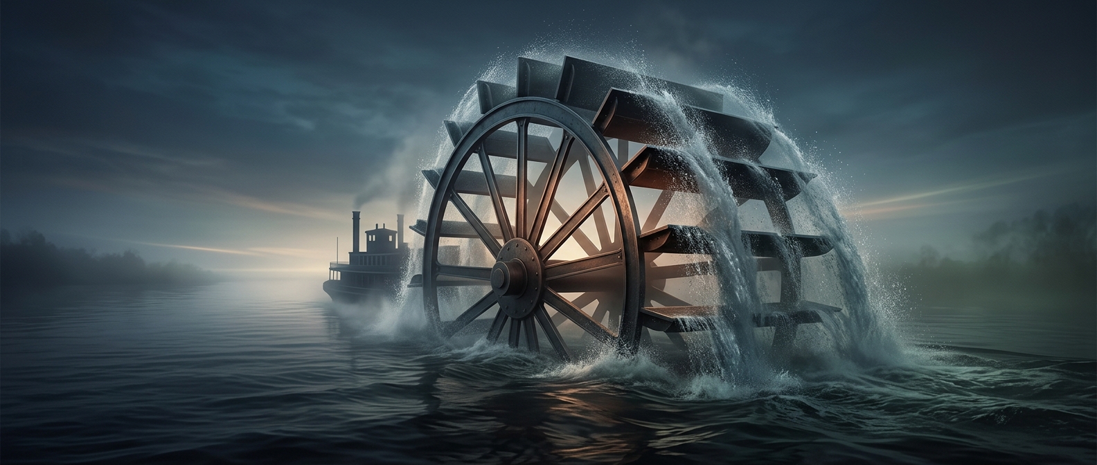 Paddlewheelers push water with a giant bucket wheel