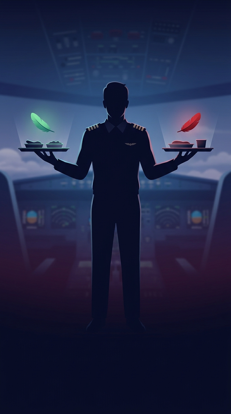 What strictly enforced safety rule do commercial pilots follow regarding their mid-flight meals?