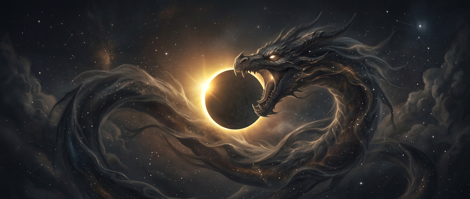 Lunar nodes represent an invisible cosmic dragon swallowing the sun during eclipses in ancient karmic astrology