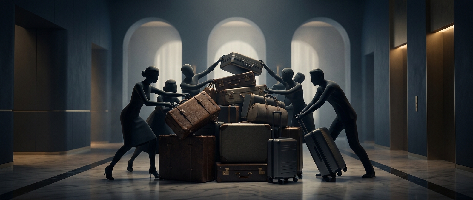 Fighting for bags at the hotel lobby