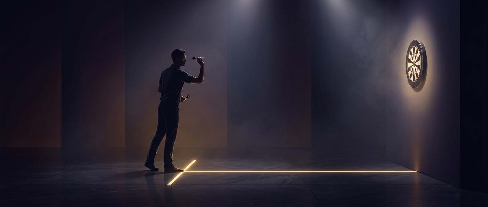 Darts throwers stand behind a perfectly measured oche