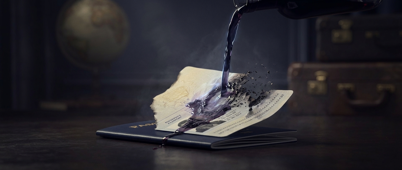 Liquid on the photo page destroys a passport completely