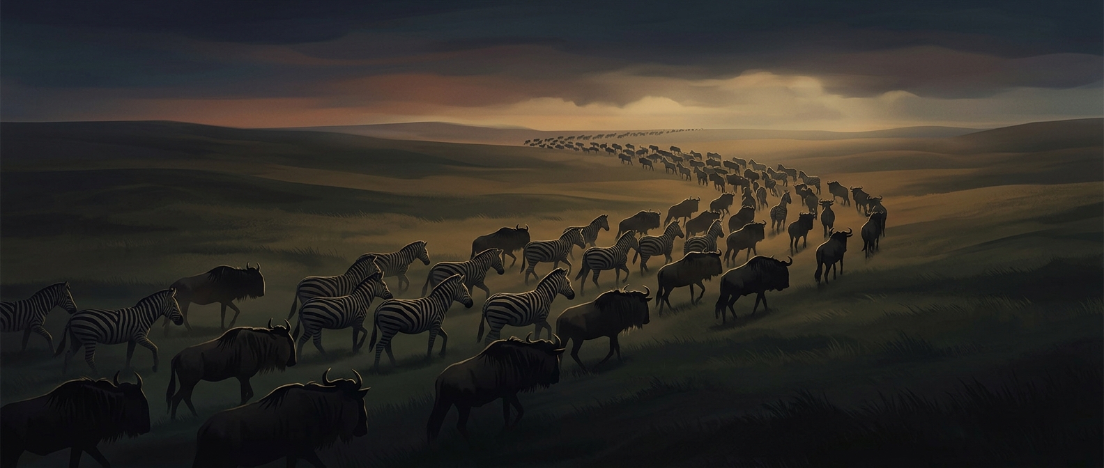 Zebras travel in massive herds alongside wildebeests