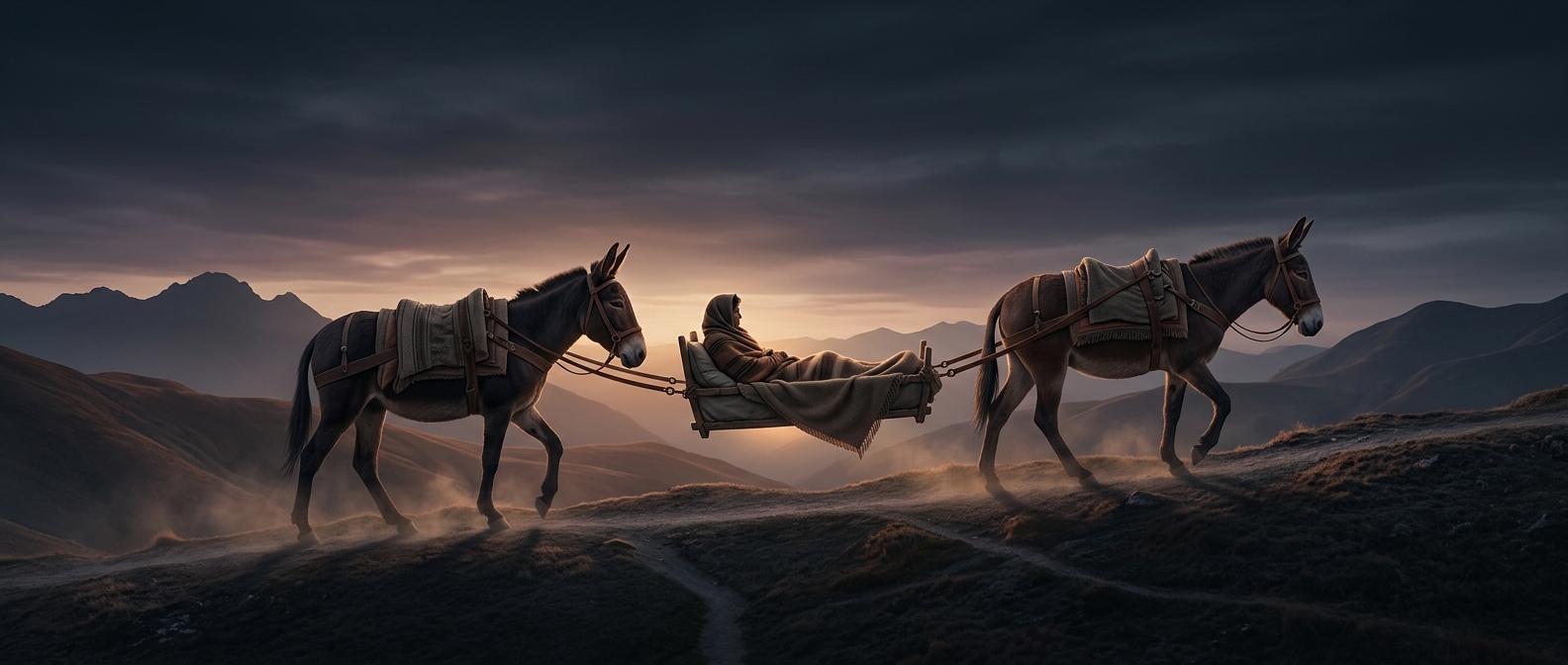 The bizarre bed carried between two mules