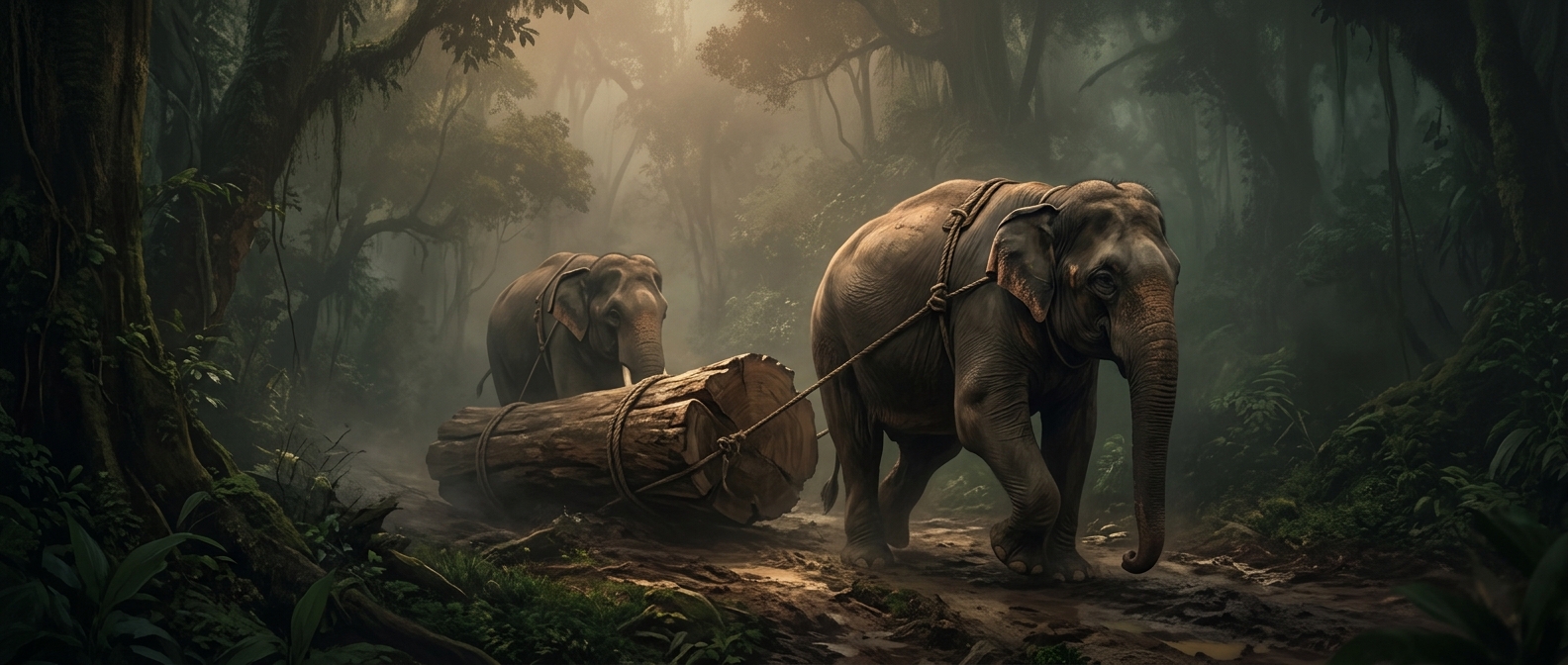 Elephants hauled massive timber trunks daily
