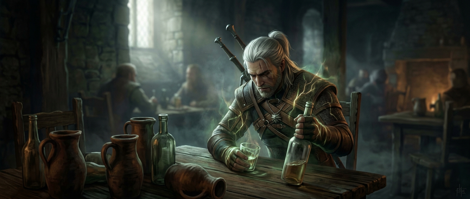 Geralt drinks cheap alcohol to heal during battles