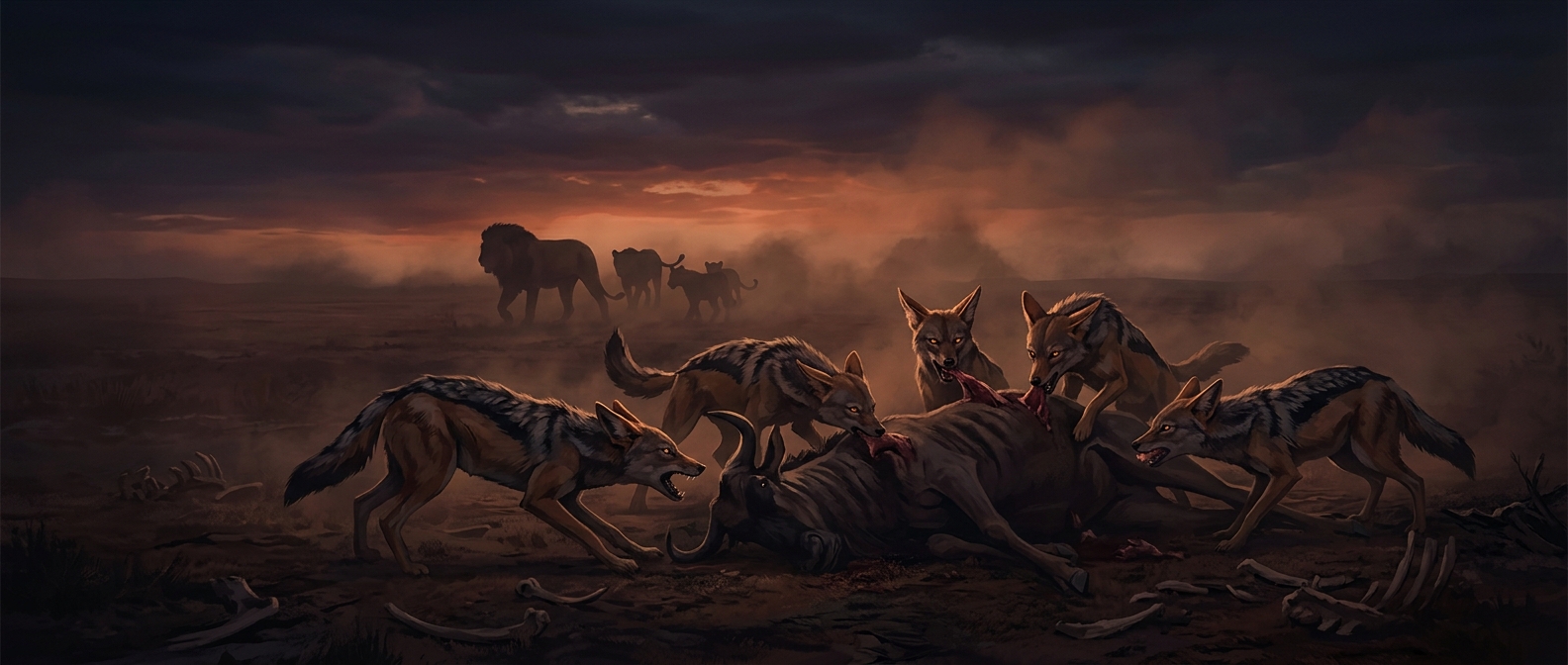Jackals fiercely scavenge leftovers from brutal lion kills